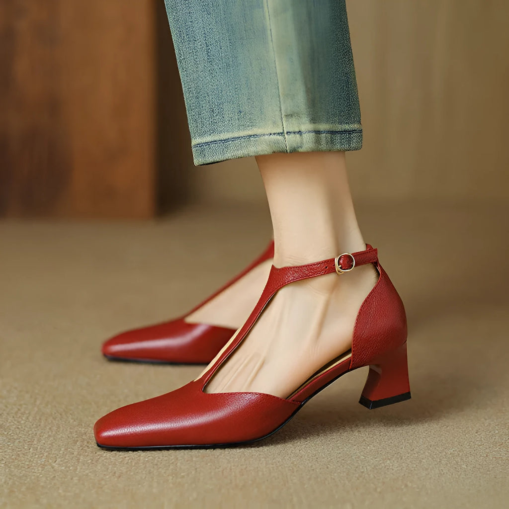 Women's French retro square toe chunky heel shoes in red sheepskin leather with buckle fastening
