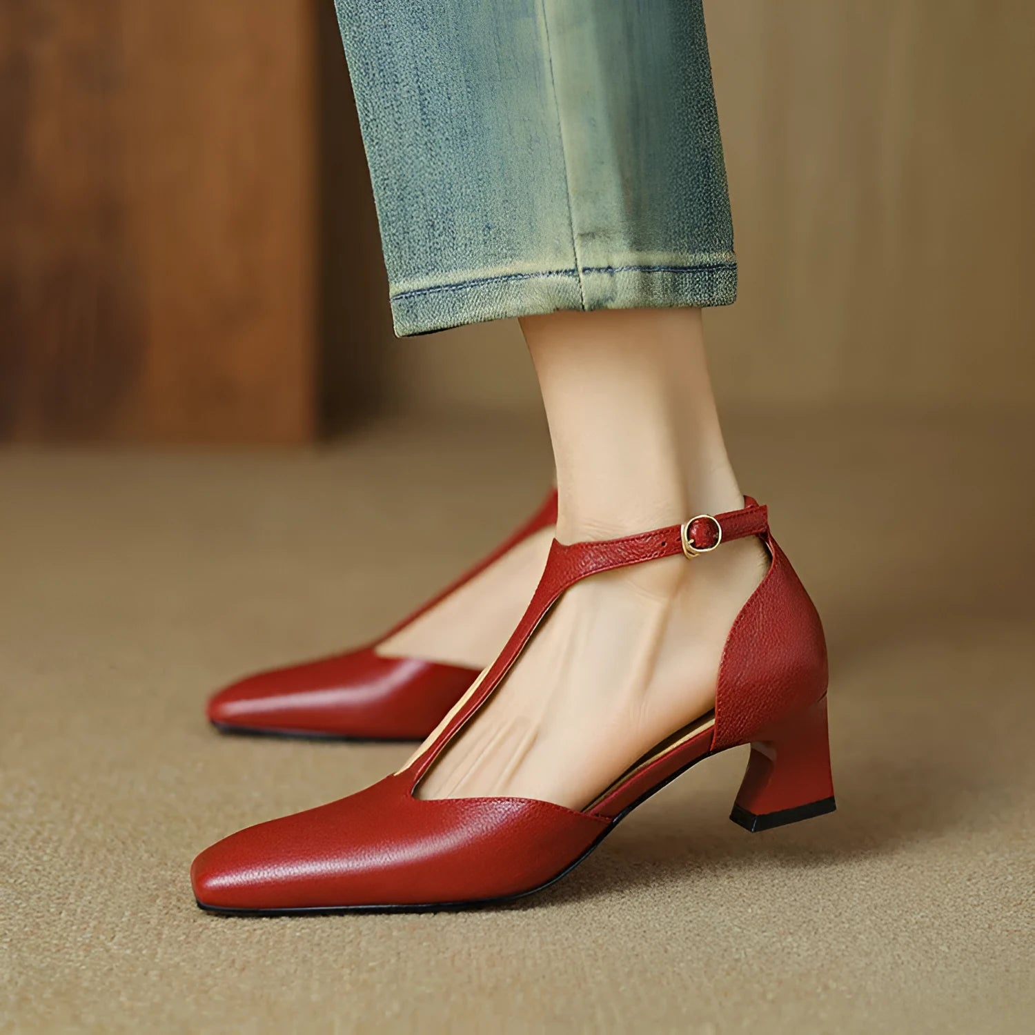 Women's French retro square toe chunky heel shoes in red sheepskin leather with buckle fastening