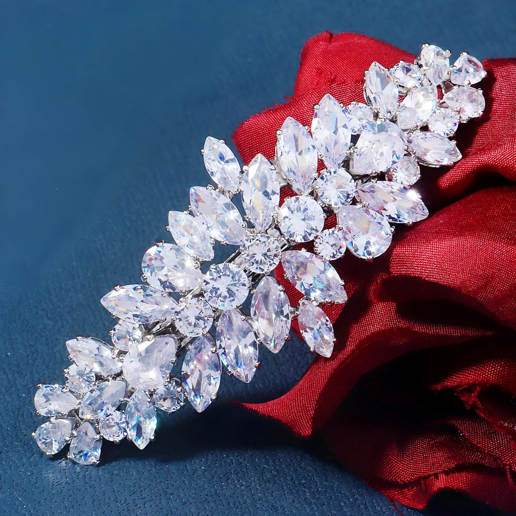 Women's inlaid zircon spring clip barrette with leaf pattern, electroplated finish, side view