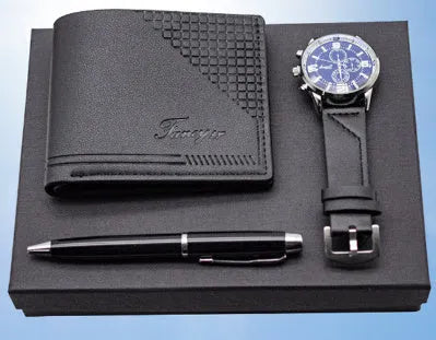 Brown and black 4-piece business gift sets featuring a watch, wallet, pen, and modern simple style presentation box.