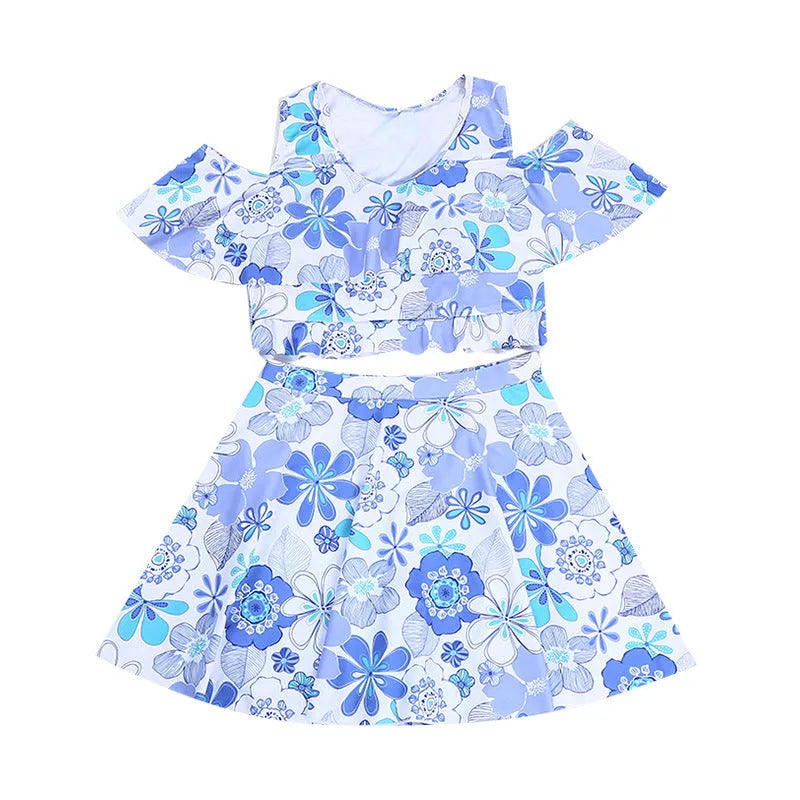 Women's one-piece floral swimsuit in fresh small floral blue, polyester fabric, sizes M-XXL
