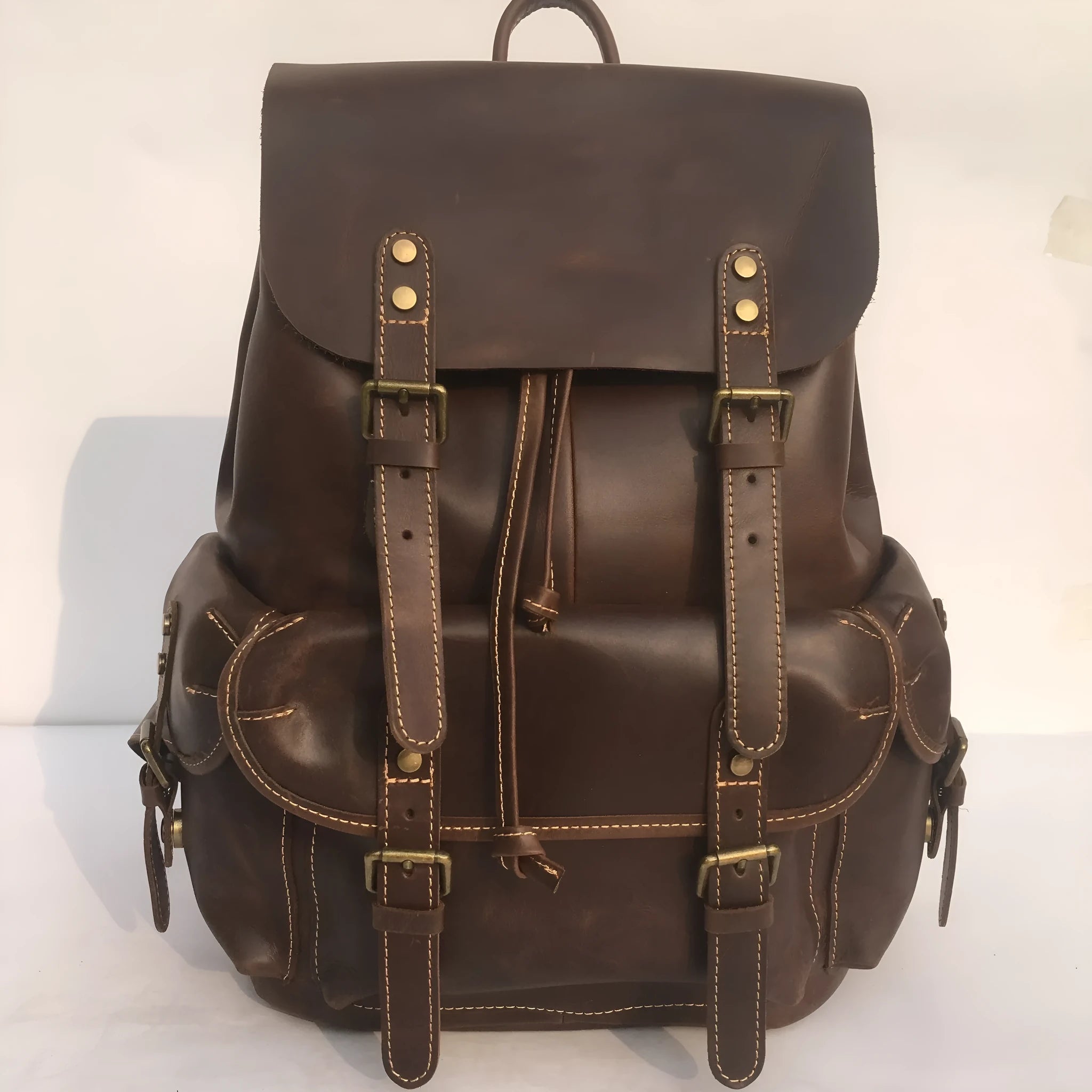Men's coffee brown top layer cowhide leather backpack with air pillow belt shoulder straps