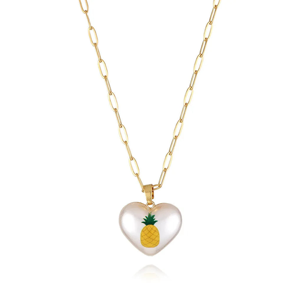 Fruit pendant heart necklace with strawberry apple pear pineapple cherry designs and adjustable chain