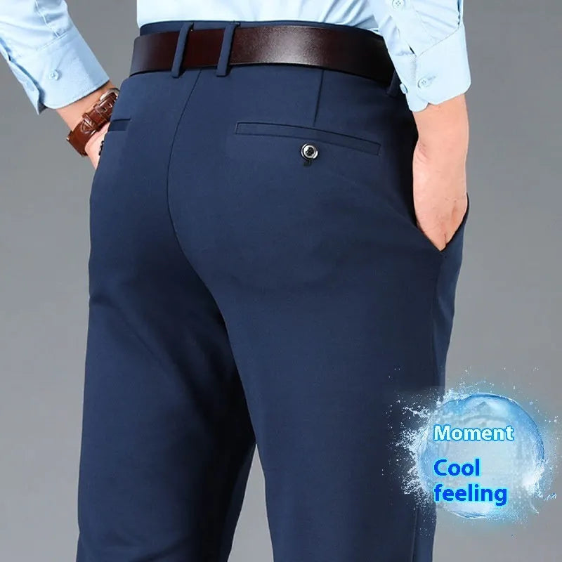 Men's plus-sized business casual straight-leg suit trousers in black, with zipper fly and elastic waist