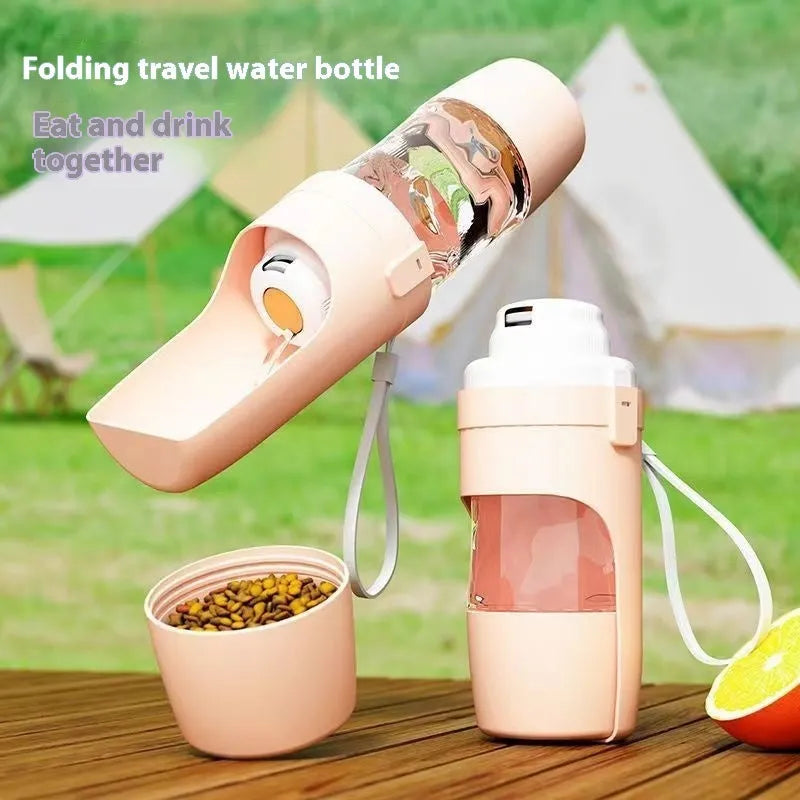 2-in-1 travel dog water bottle with 690ml capacity and lanyard, leakproof design for outdoor pet feeding