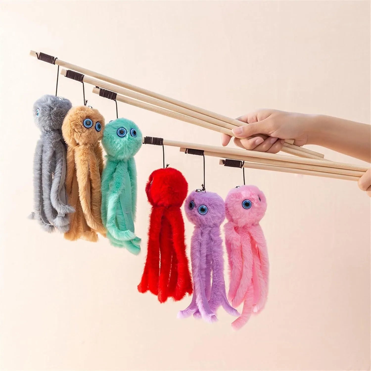 Furry octopus cat toy on long stick in bright colours for indoor kittens