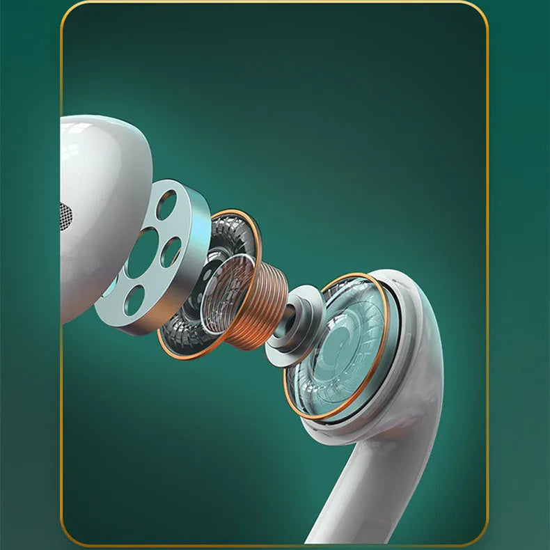 White Budz5 wireless Bluetooth earphones with semi-in-ear design and compact charging case