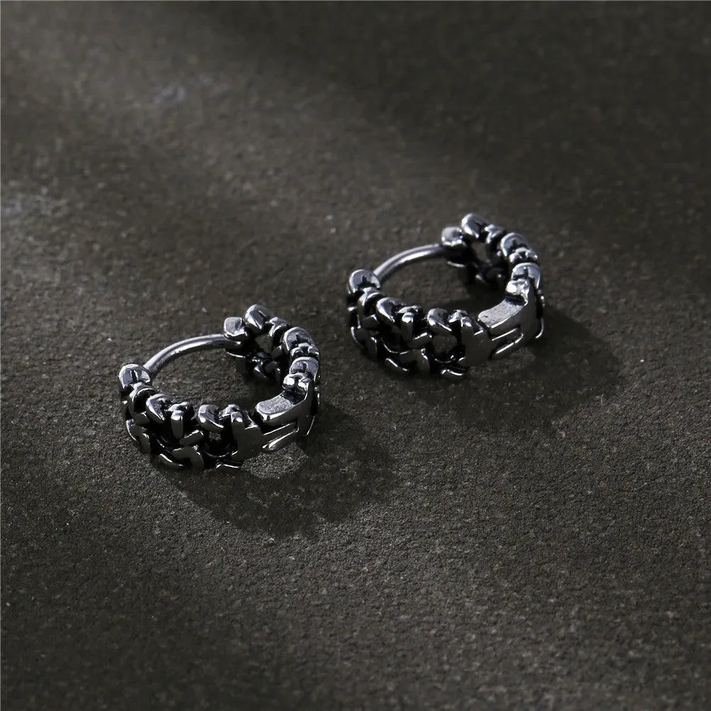 Men's copper geometric hip hop earrings in silver finish showing 10mm and 14mm West Coast style studs