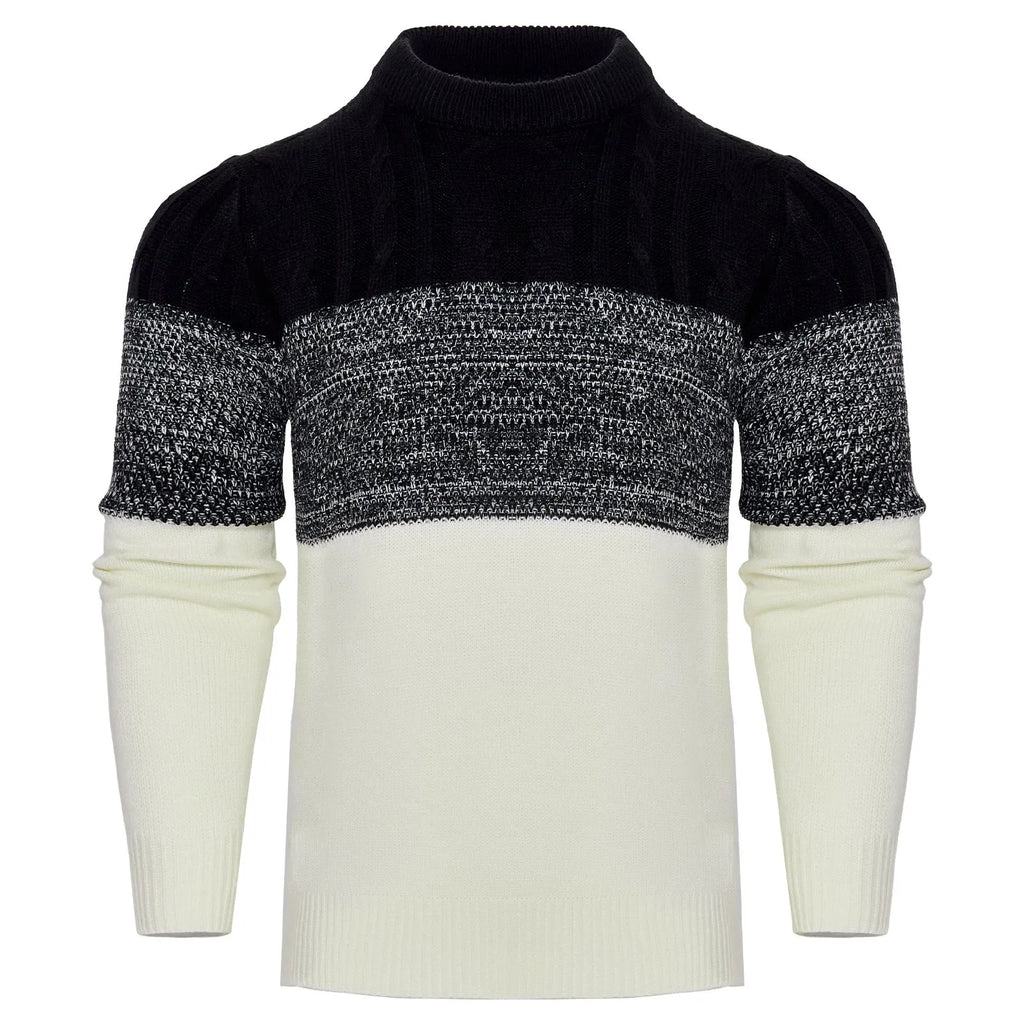 Men's casual colour block long sleeve cable knit pullover sweater in blue, with crew neck and ribbed cuffs