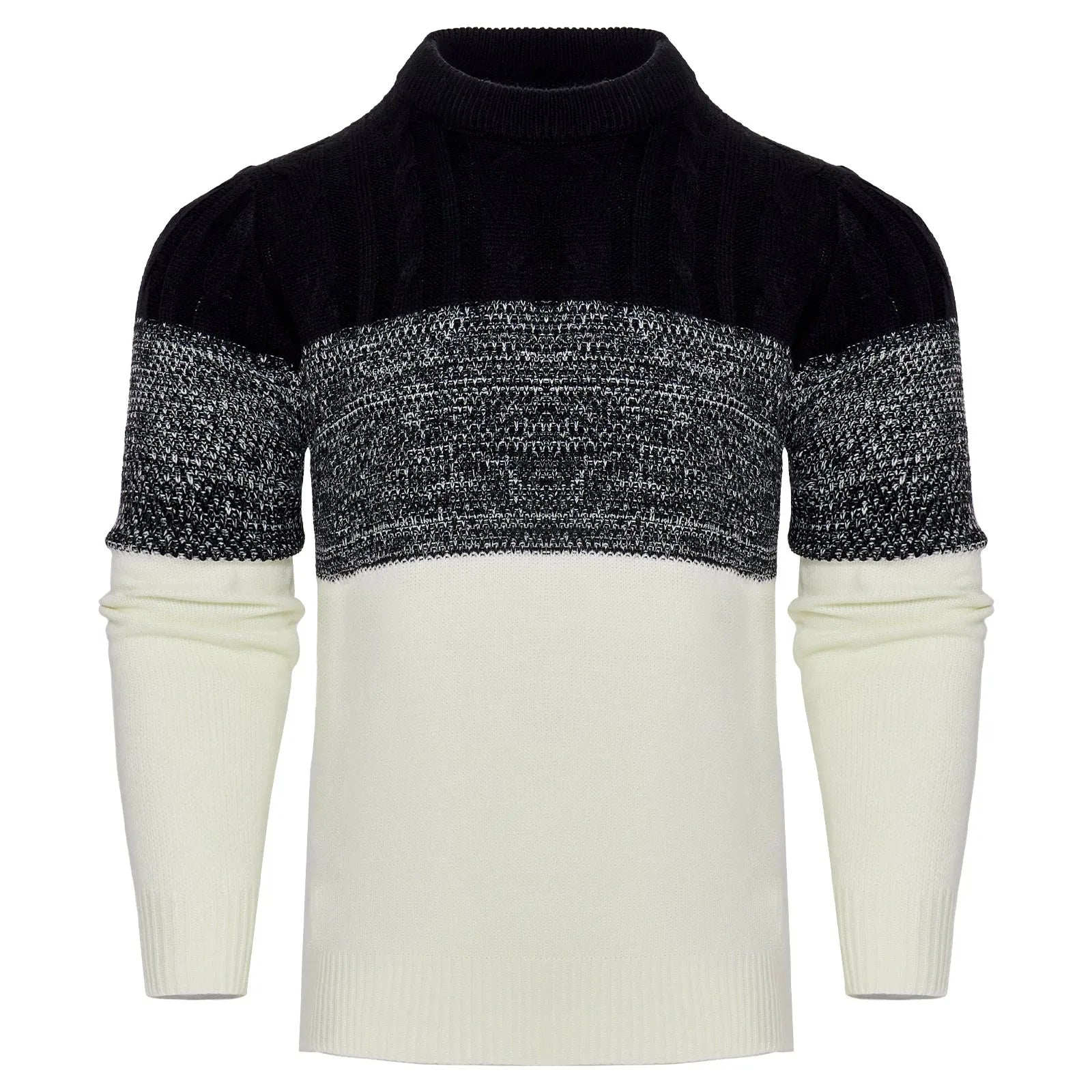 Men's casual colour block long sleeve cable knit pullover sweater in blue, with crew neck and ribbed cuffs