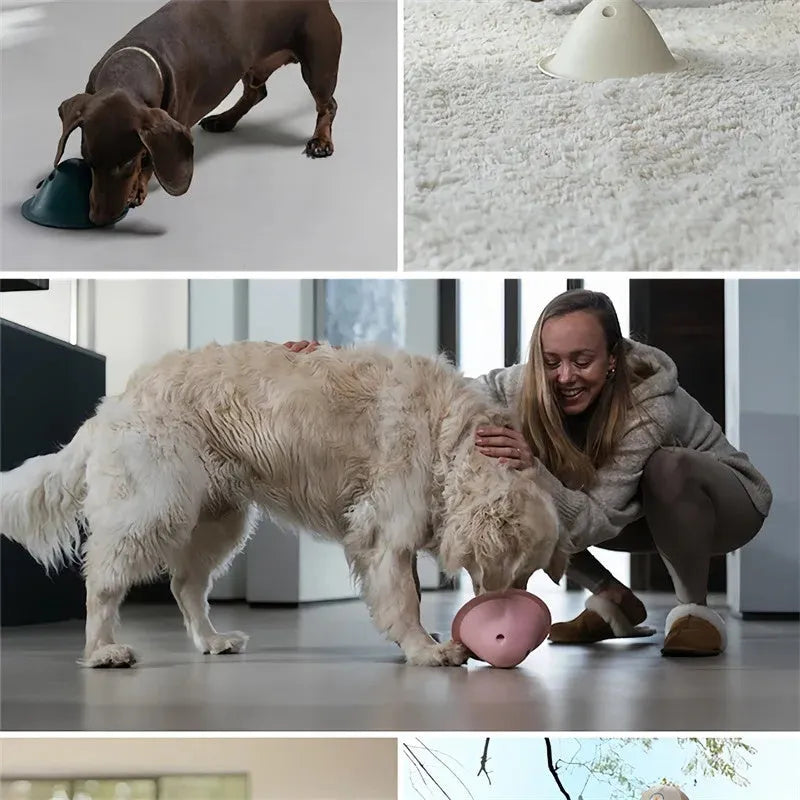 New green dog chew toy with hidden treat slot on smooth floor – interactive puzzle for large breeds, 140 mm PP material