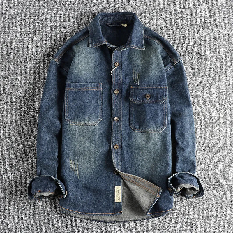 Men's light blue washed vintage denim shirt with loose cardigan style and long sleeves