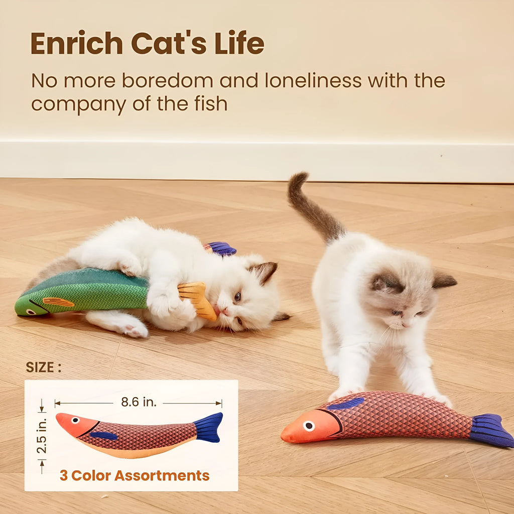 Soft green plush fish-shaped cat kicker toy with organic catnip filling on a neutral background