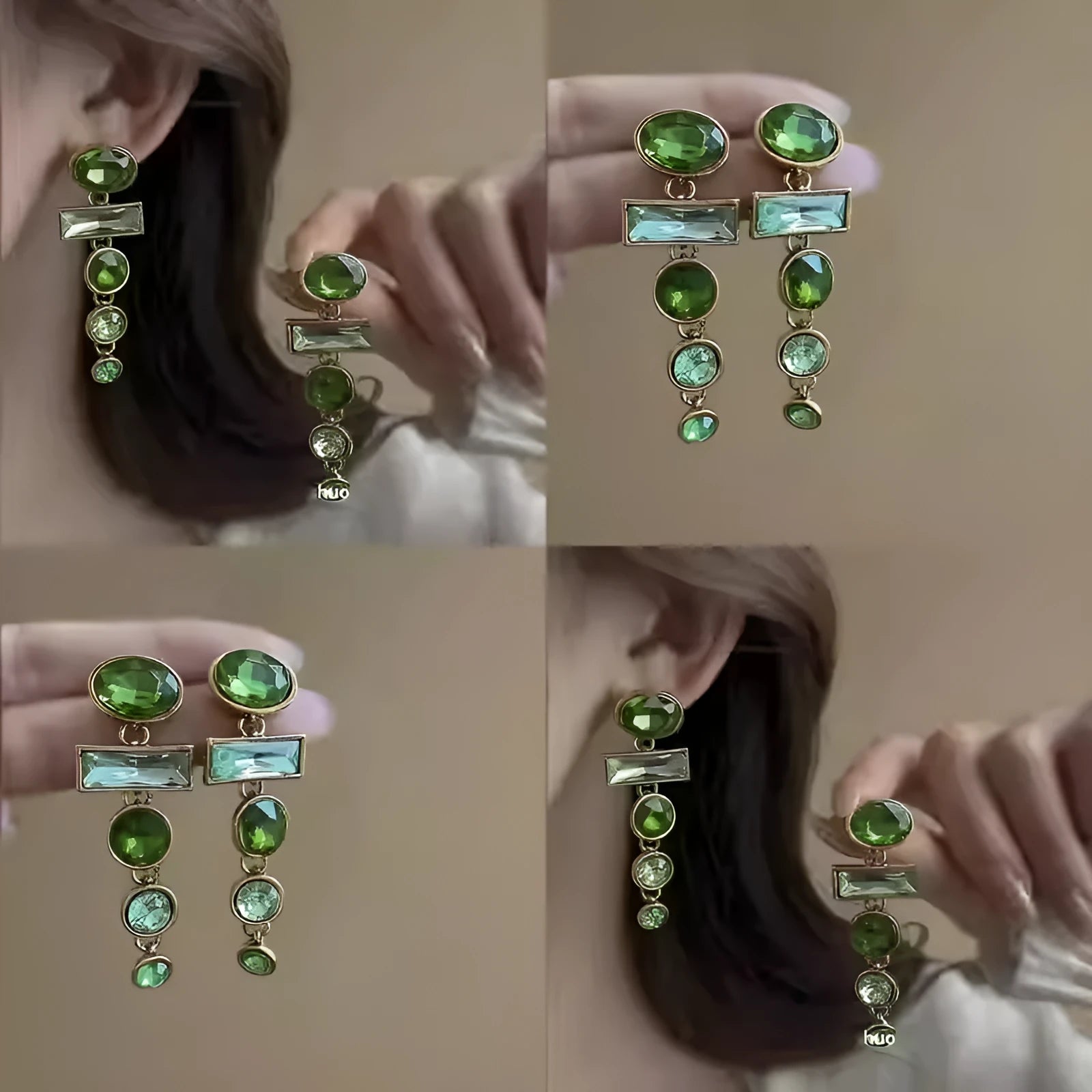 Retro green gradient Chinese style earrings with geometry shape and tassel design