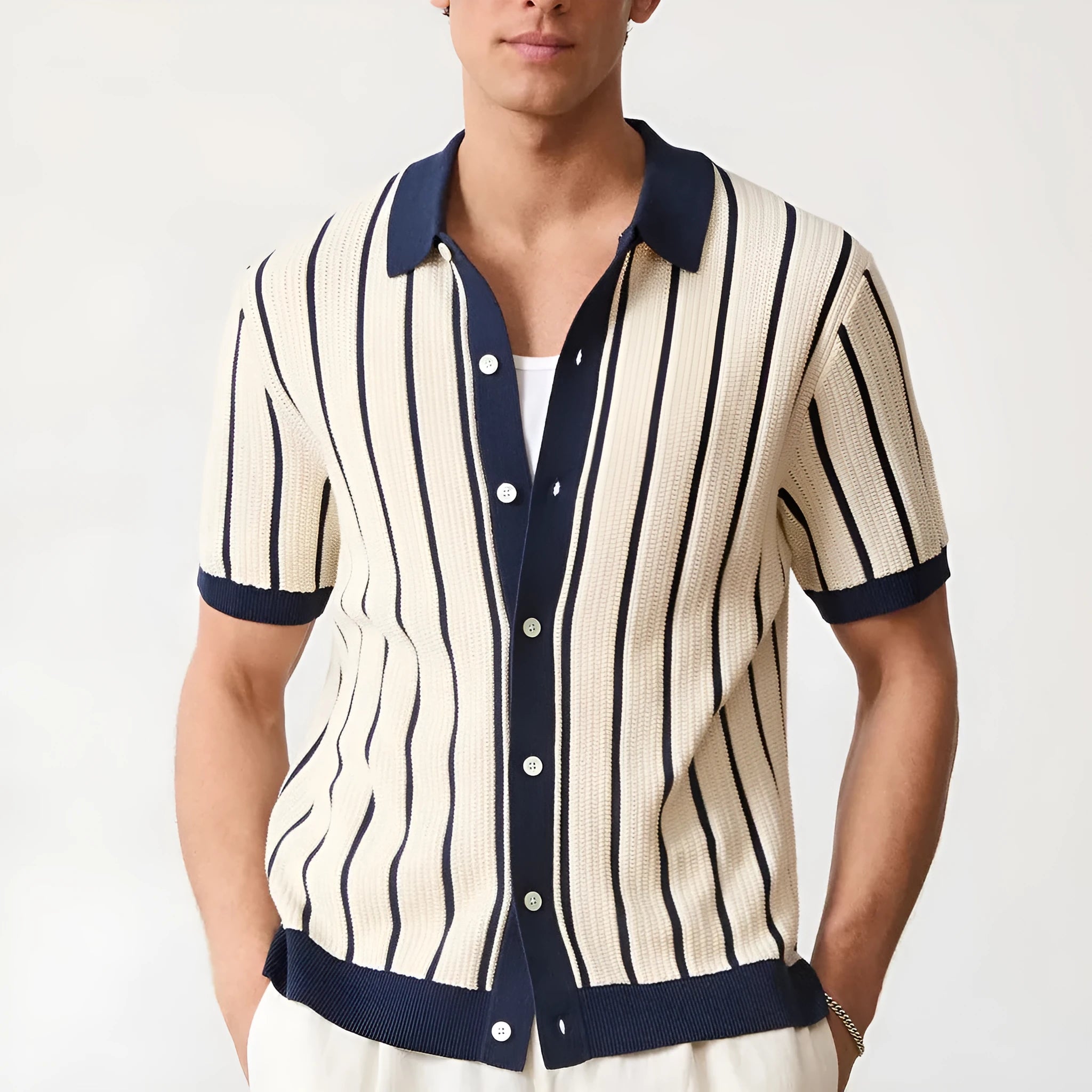 Men's white lapel knit top with asymmetric stripes on ice silk fabric