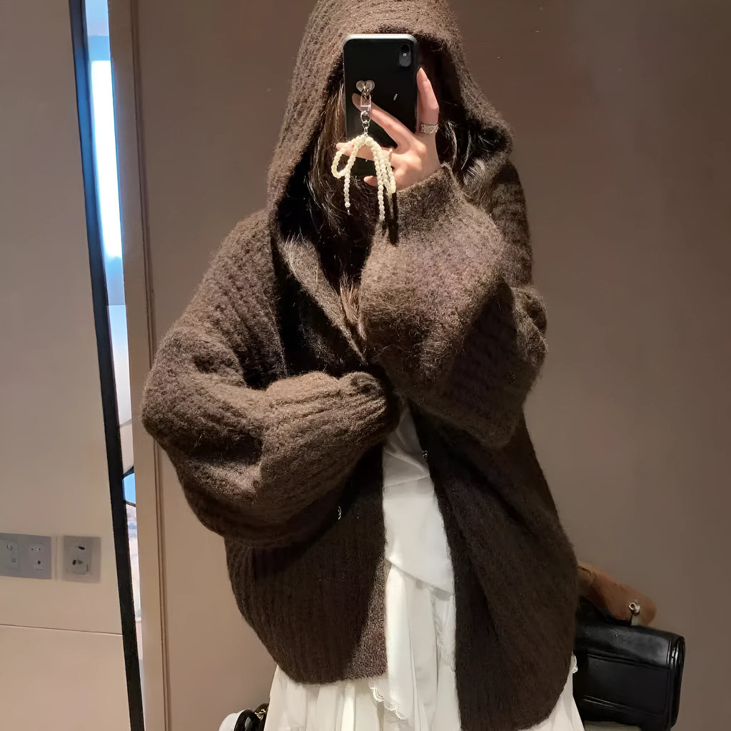 Women's dark grey retro-style hooded cardigan with a loose fit and thick fabric