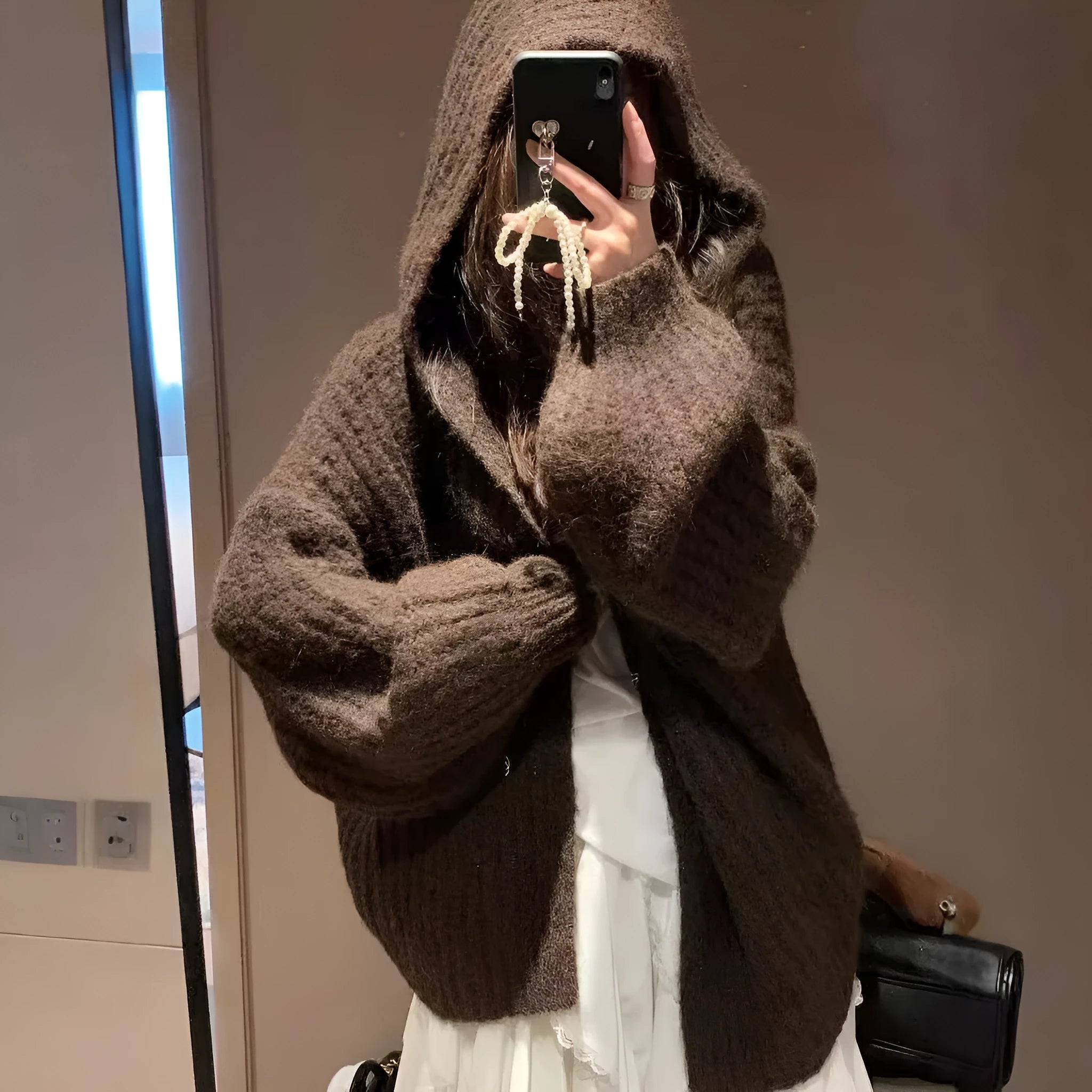Women's dark grey retro-style hooded cardigan with a loose fit and thick fabric