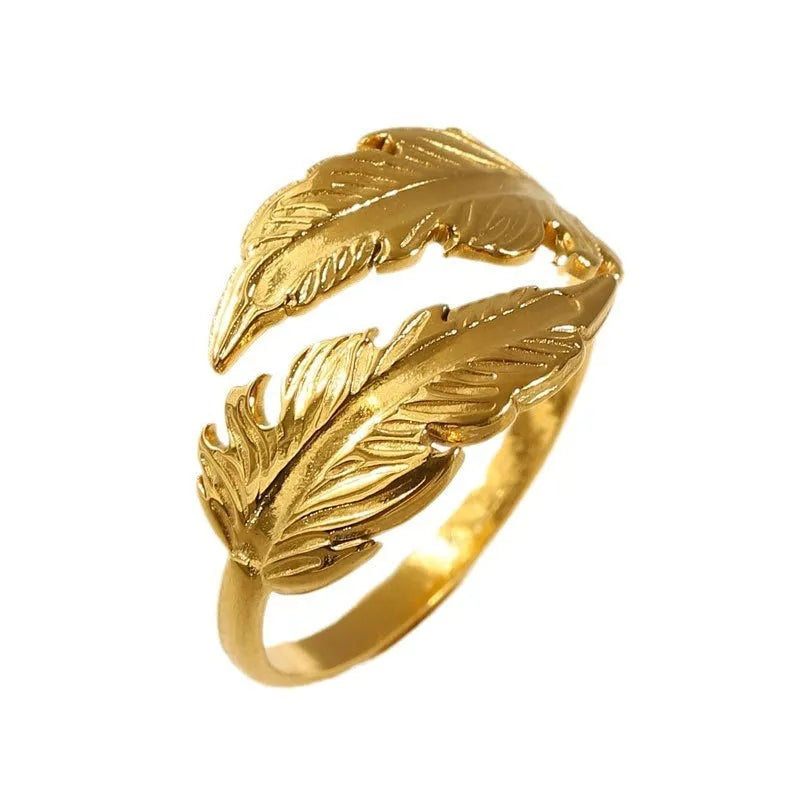 Women's adjustable feather ring in titanium steel with gold electroplated finish featuring number element
