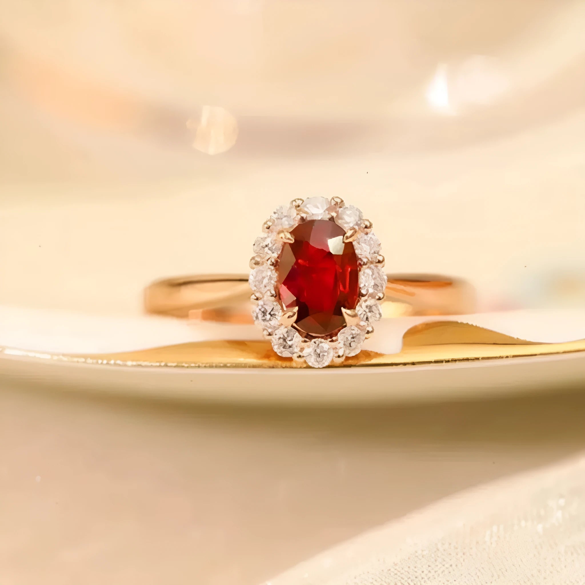 Gold Pigeon red blood gemstone silver-plated ring with floral design on white background