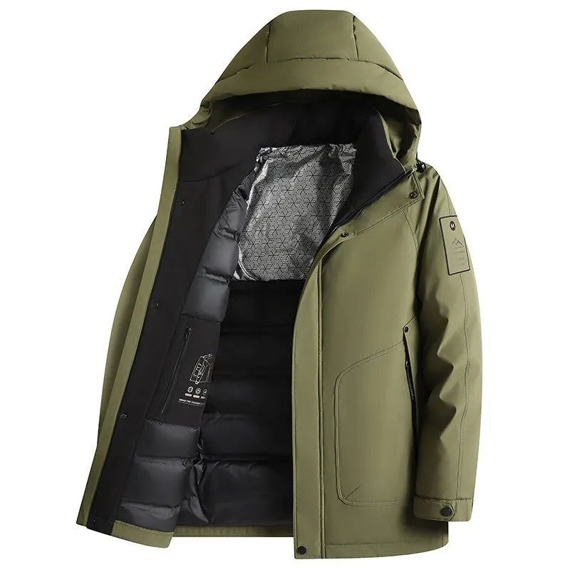 Outdoor white duck down hooded jacket for men in black polyvinyl alcohol fibre blend with front zip