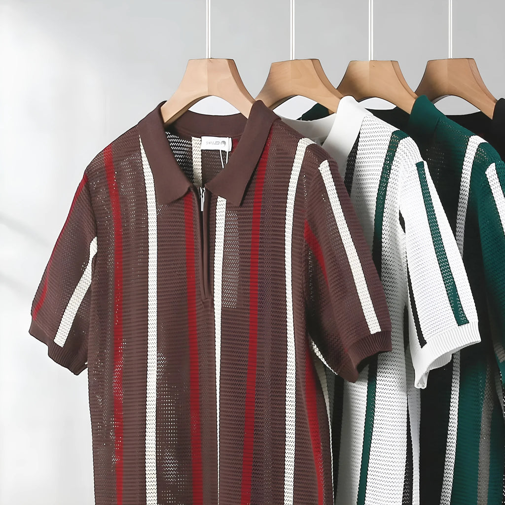 Hollow mesh short-sleeved polo shirt in Ice Silk fabric with zipper decorations, loose fit