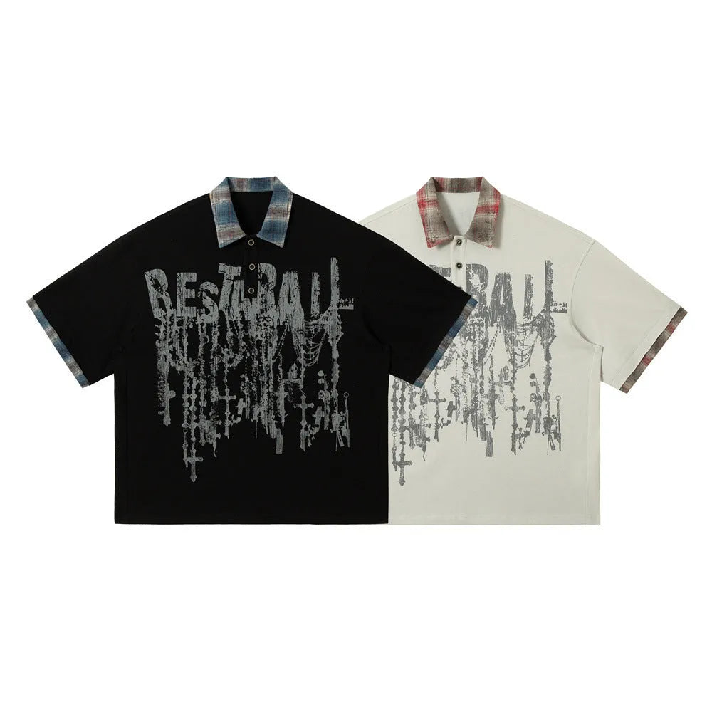 Men's loose asymmetric short-sleeved cotton top with graffiti printing on lapel in blue or red