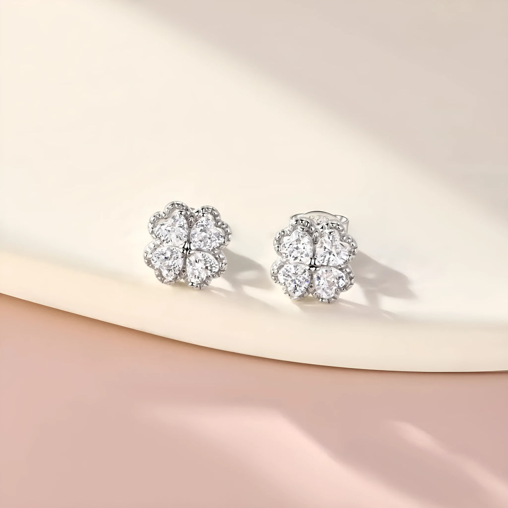 925 silver zircon earrings with four-leaf clover design and heart-shaped elements in white gold colour