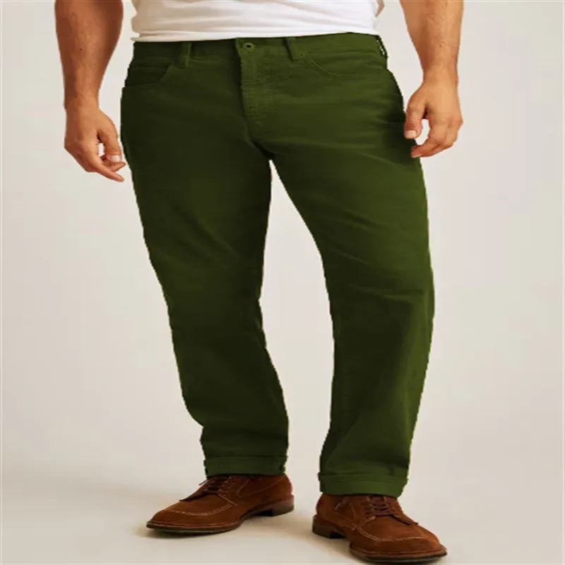 Corduroy straight-leg casual trousers in khaki colour showing mid-waist and zip-fly design.