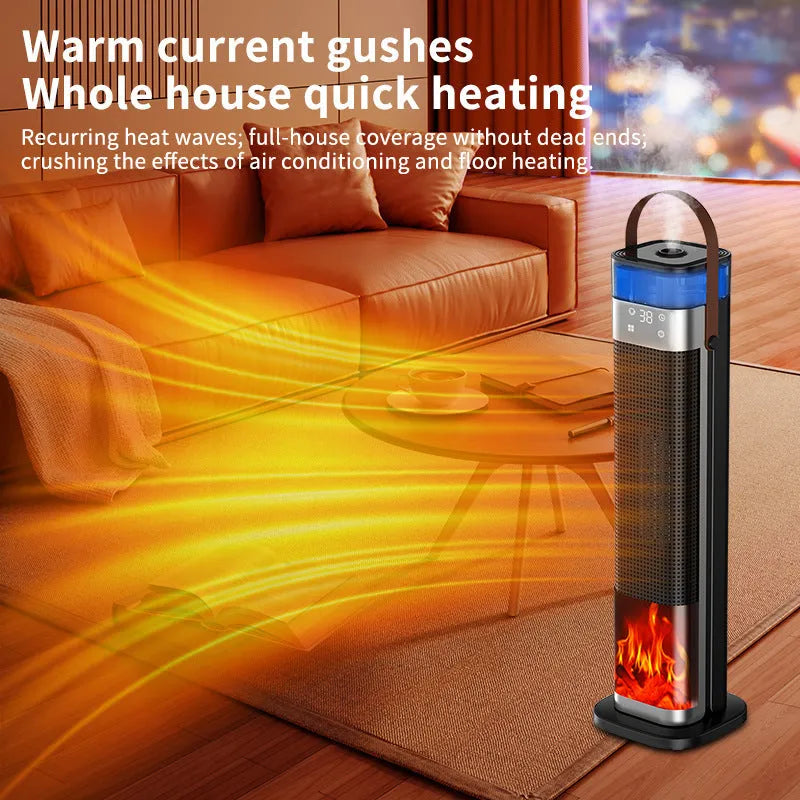 Vertical ceramic heater with humidifier and remote control on a floor
