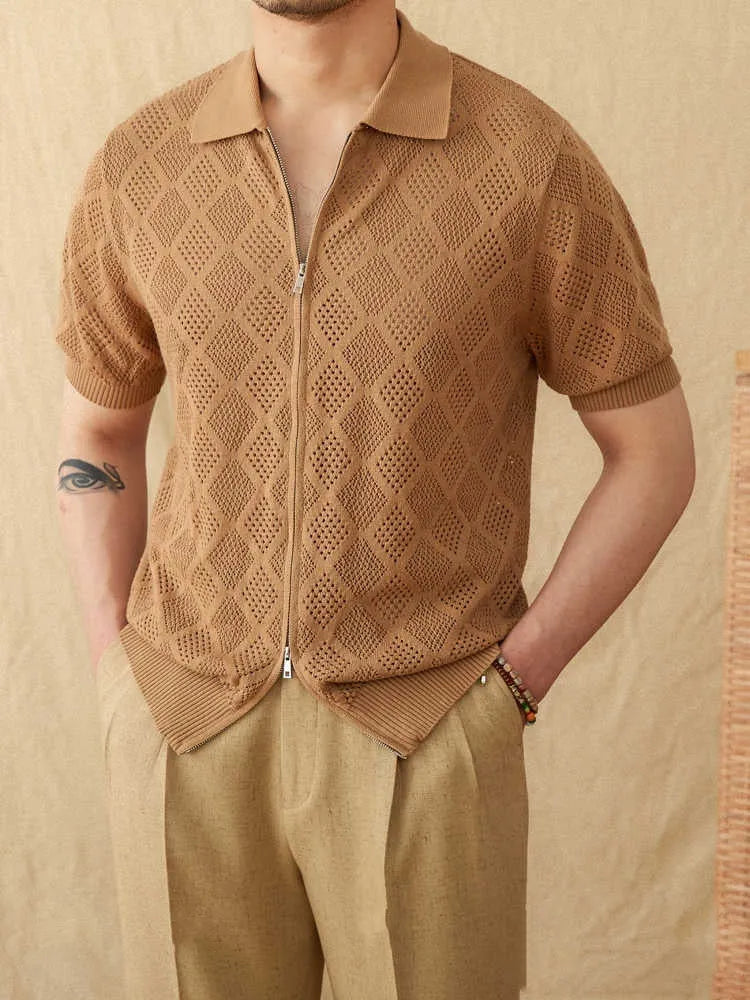 Light brown cotton short sleeve cardigan with lapel collar and zip front closure