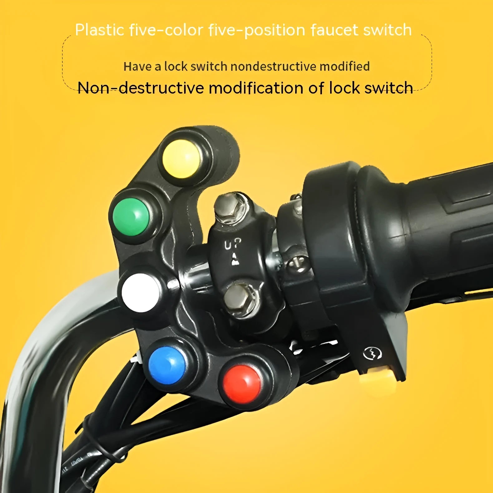 Plastic five-position vehicle switch with red, yellow, blue, green, and white buttons and a 52cm black wire.