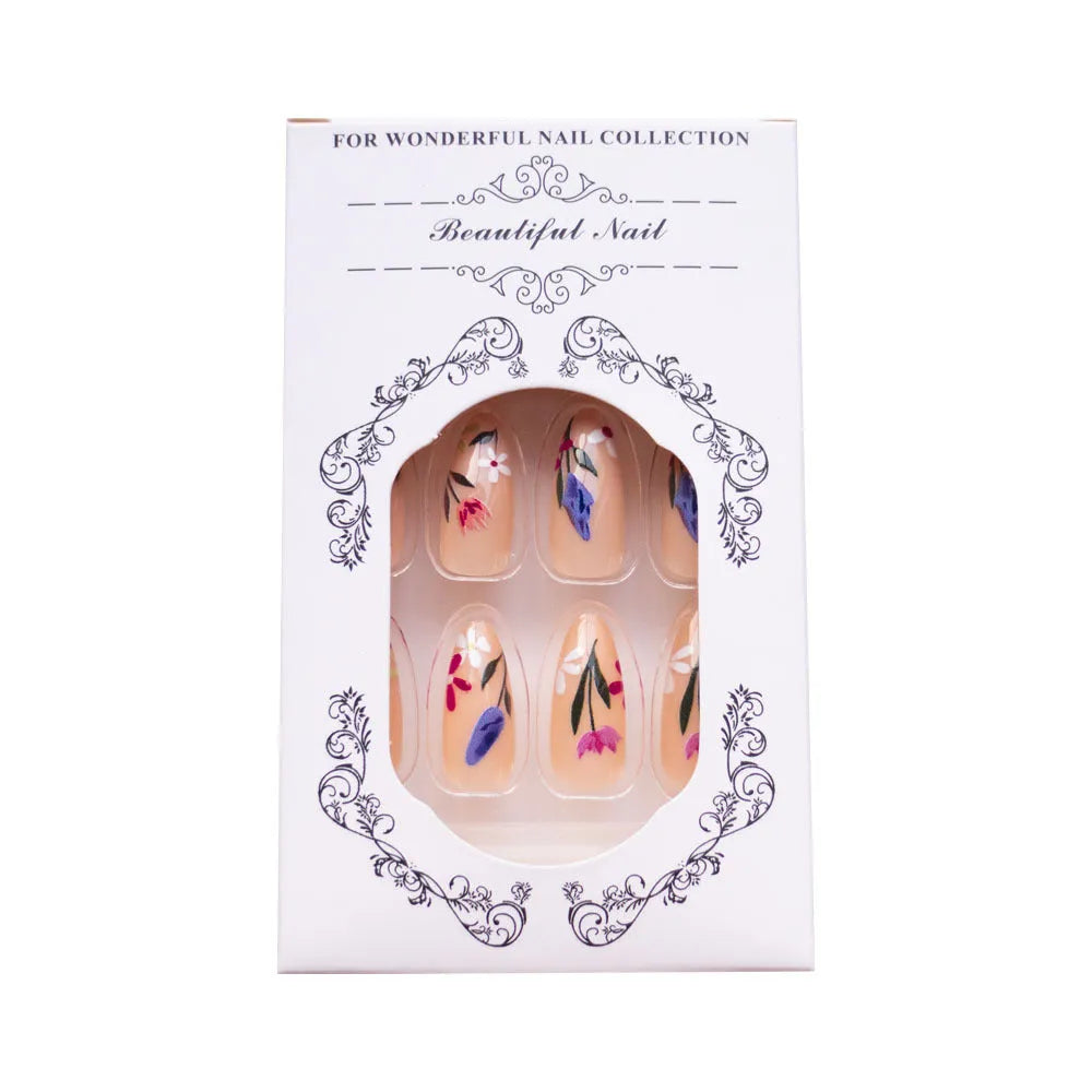 European and American almond-shaped removable flower wear nail art set with rose tulip floral pattern in solid colour