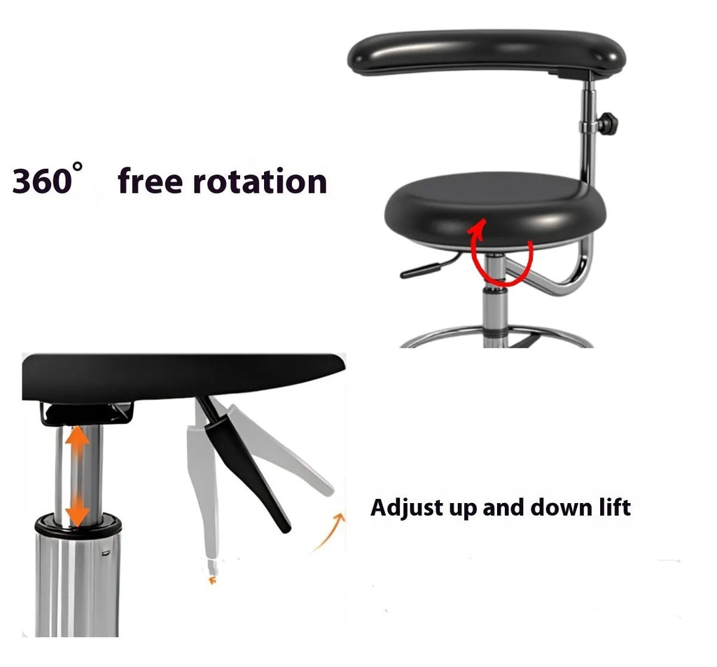 Black leather dental hospital chair with lift mechanism for dentist and nurse seating