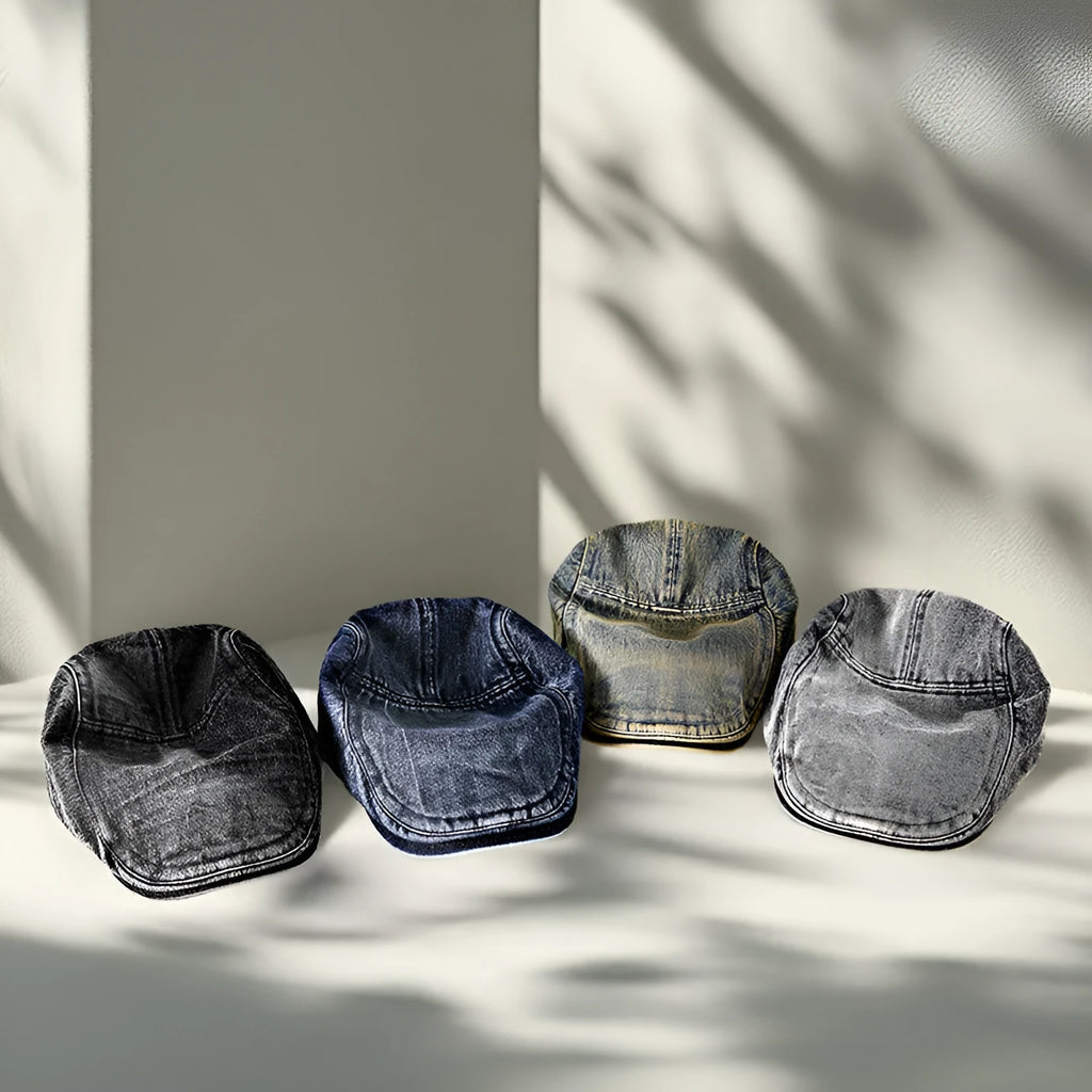 Men's denim flat top cap in washed cotton, breathable and windproof, available in six colours