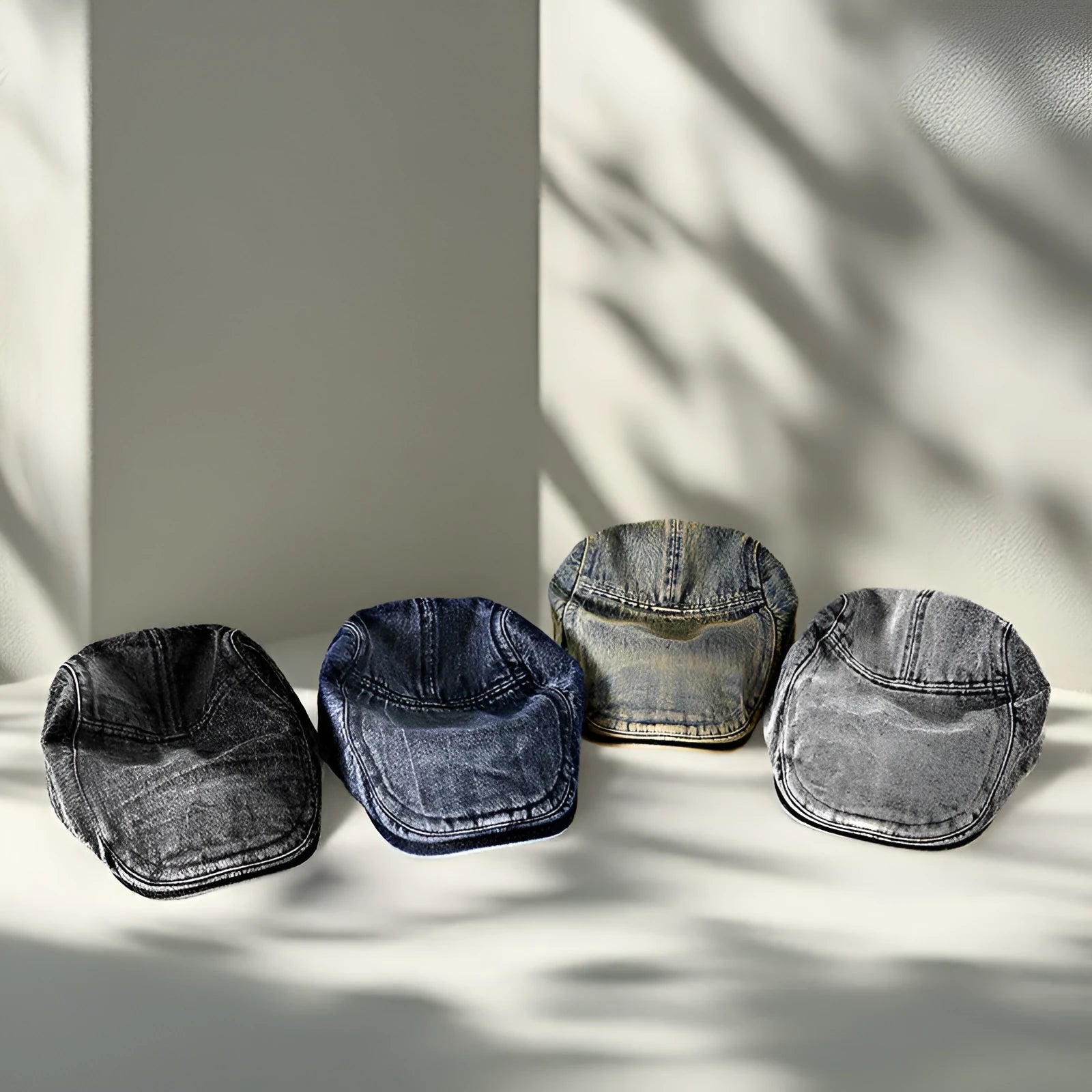 Men's denim flat top cap in washed cotton, breathable and windproof, available in six colours