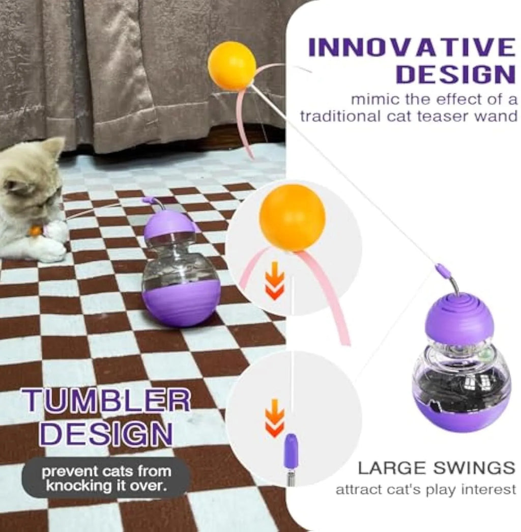Electric yellow cat interactive wand toy with slow feeder, green rope tires, and light-up balls.