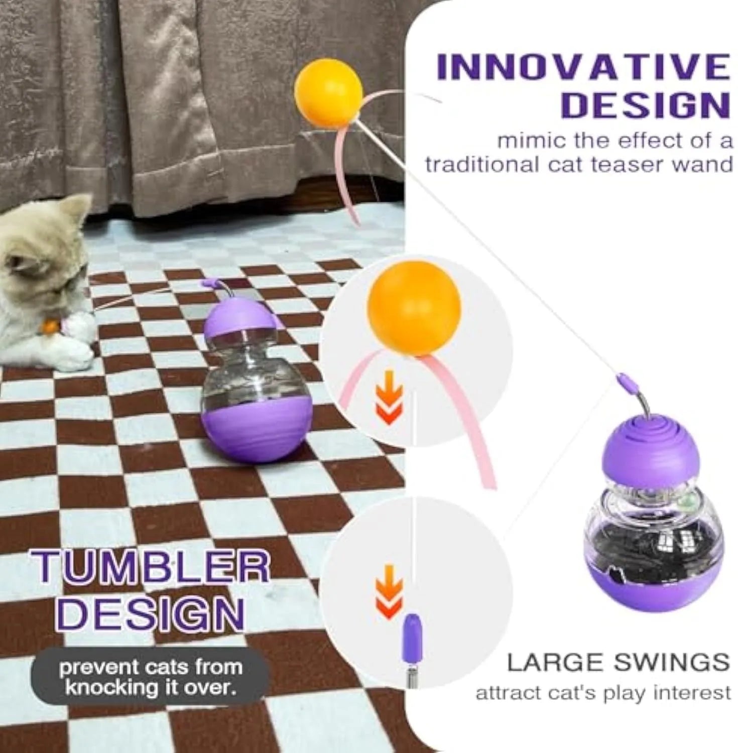 Electric yellow cat interactive wand toy with slow feeder, green rope tires, and light-up balls.