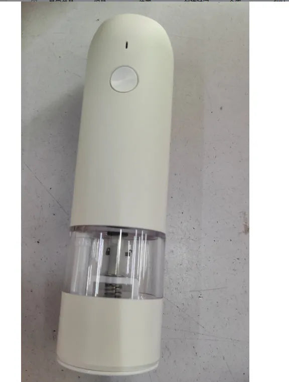 Rechargeable electric pepper and salt grinder set with clear acrylic body, LED light, and USB cable on a countertop