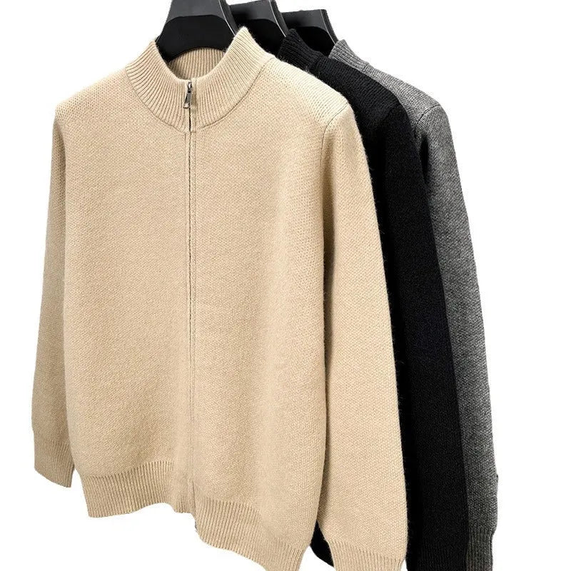Men's loose fit grey knitted cardigan with stand collar and zip front closure