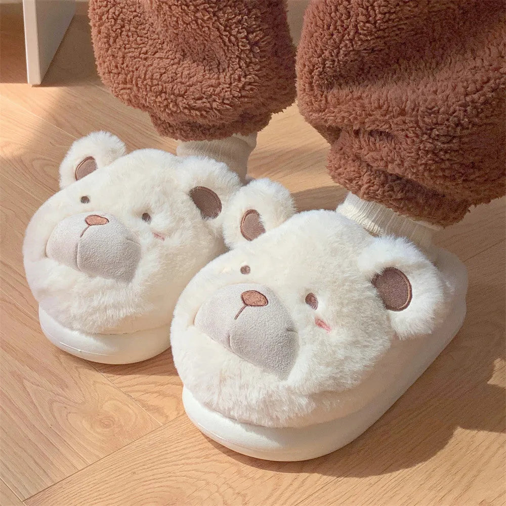 Ladies suede plush slippers in khaki with round toe and cute cartoon pattern