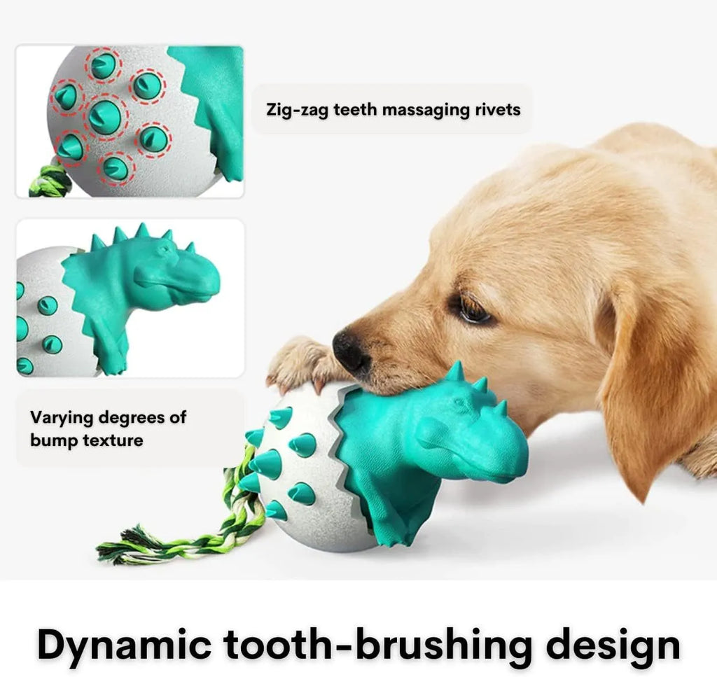 Blue dinosaur-shaped dog chew toy with rubber and nylon body, textured surface, and an integrated rope tail.