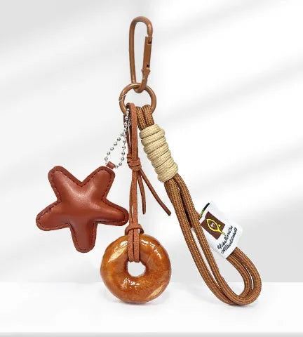 Handmade soda bread handbag pendant with baking varnish finish and cartoon food designs
