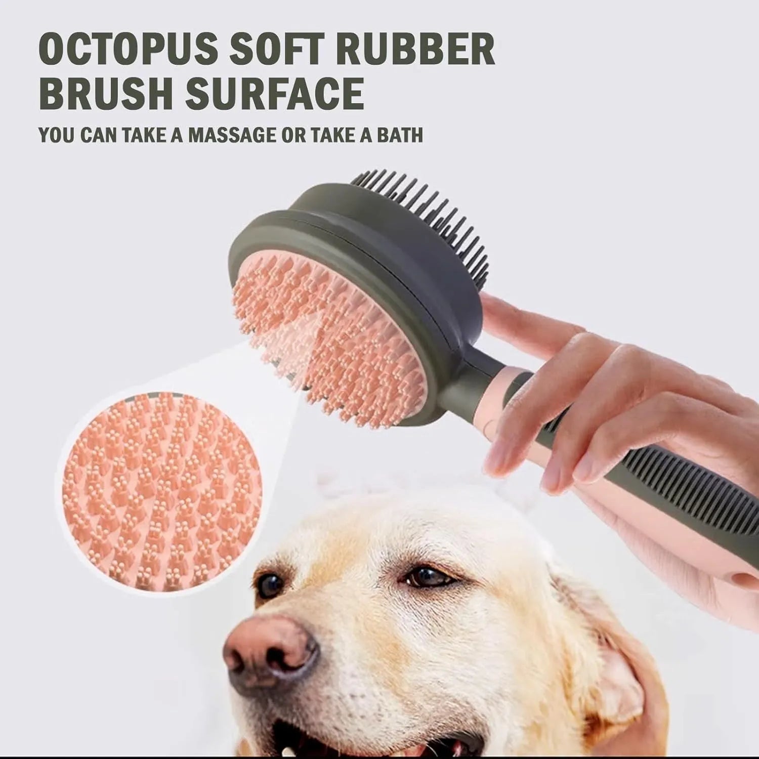 Green and pink double sided cat brush with flea comb and hair release button
