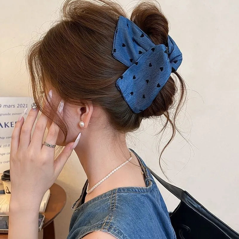 Love Denim Bow handmade triangle hair clip in affordable luxury style, made from fabric and acrylic