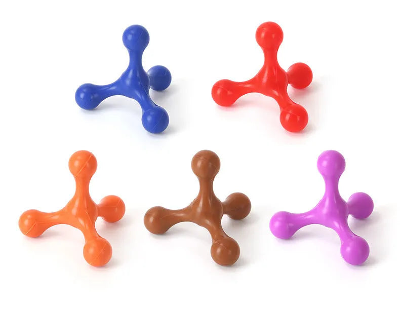 Blue silicone puppy chew toy shaped like a bone with three legs on a white background.