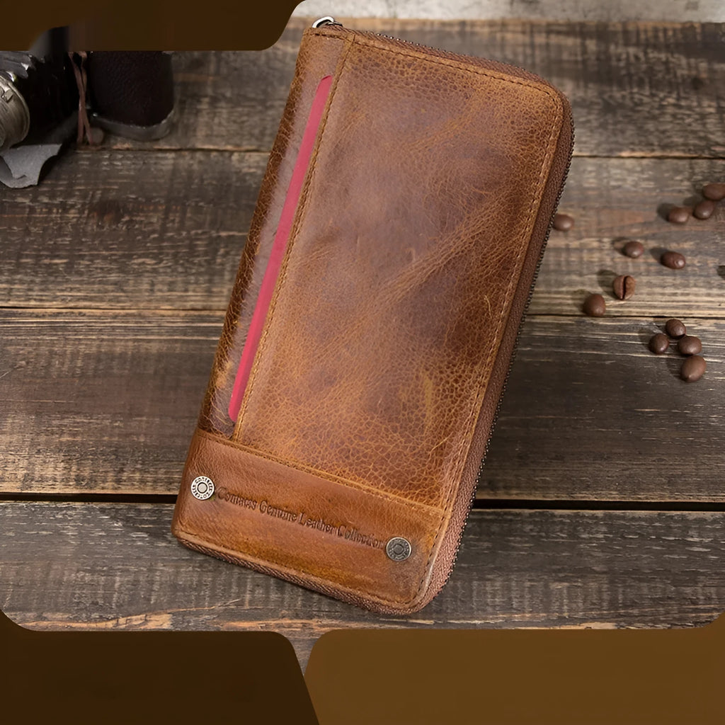 Cowhide anti-theft swiping men's long genuine leather zipper wallet in brown with visible stitching and zipper