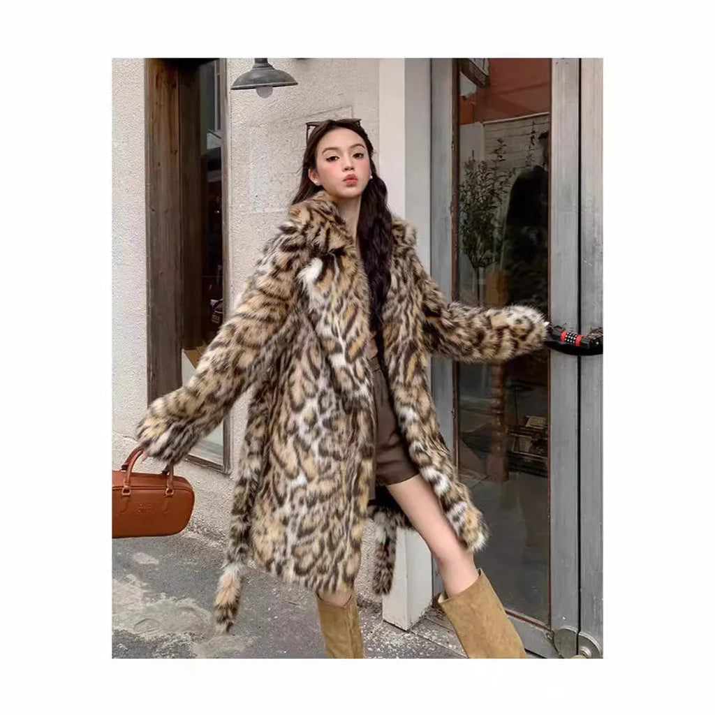 Faux fur coat with fox pattern styling and fur collar in long coat style