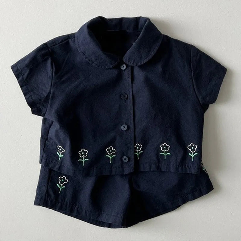 Cotton floral short sleeve shorts two-piece set for kids in pink and sapphire blue