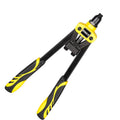 Yellow 13-inch manual rivet gun with three built-in nozzle sizes on a workbench
