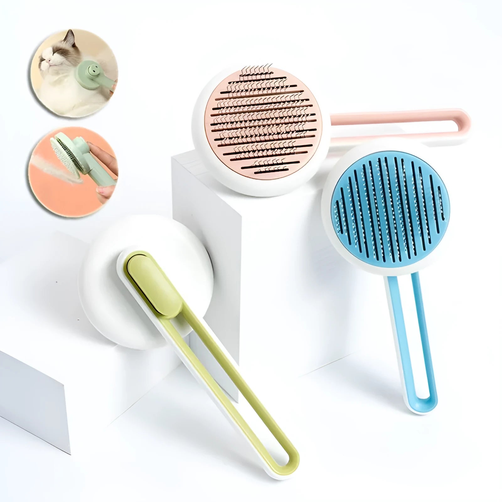 Pet grooming comb with stainless steel teeth, automatic massage, and one-button hair release in blue green and pink